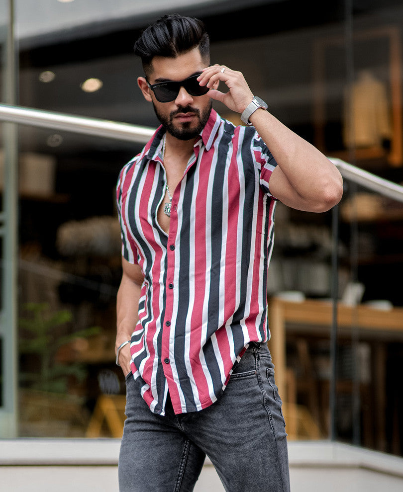 Red and Navy Blue Stripes Half Sleeves Shirt
