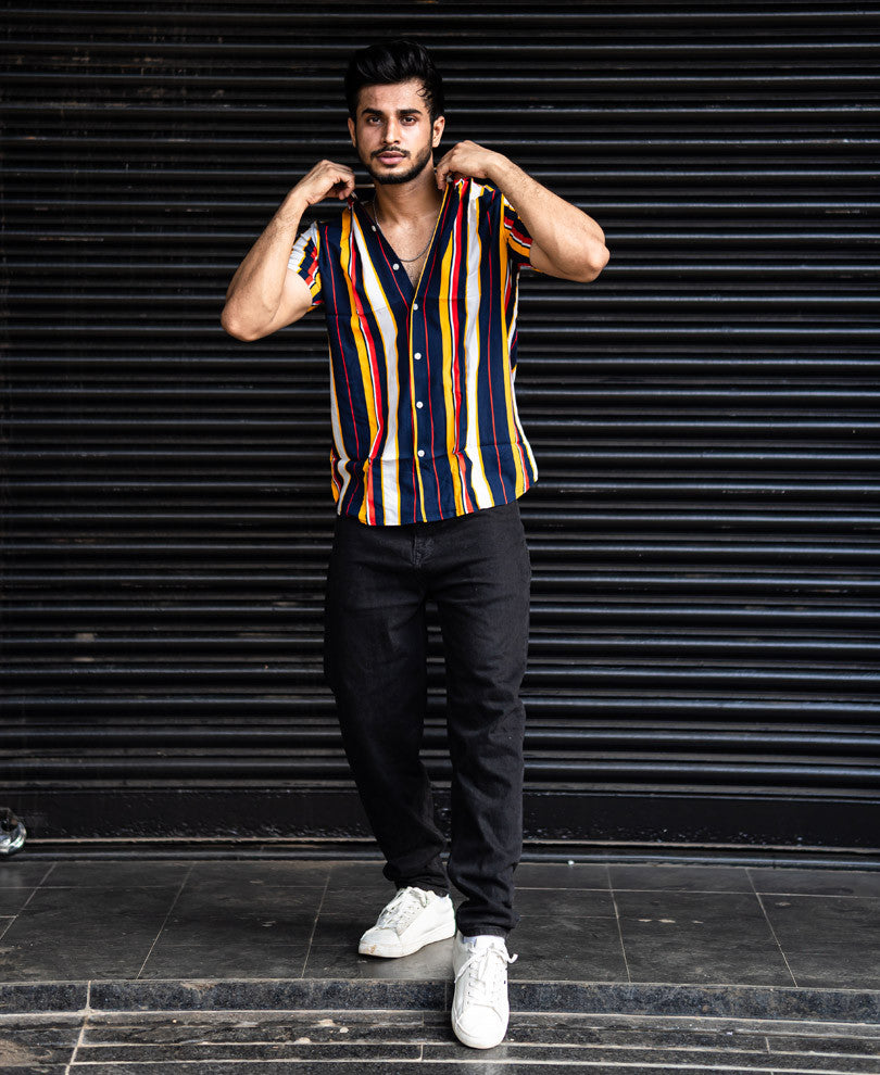 Blue and Yellow with Multi Color Stripe Half Sleeves Shirt