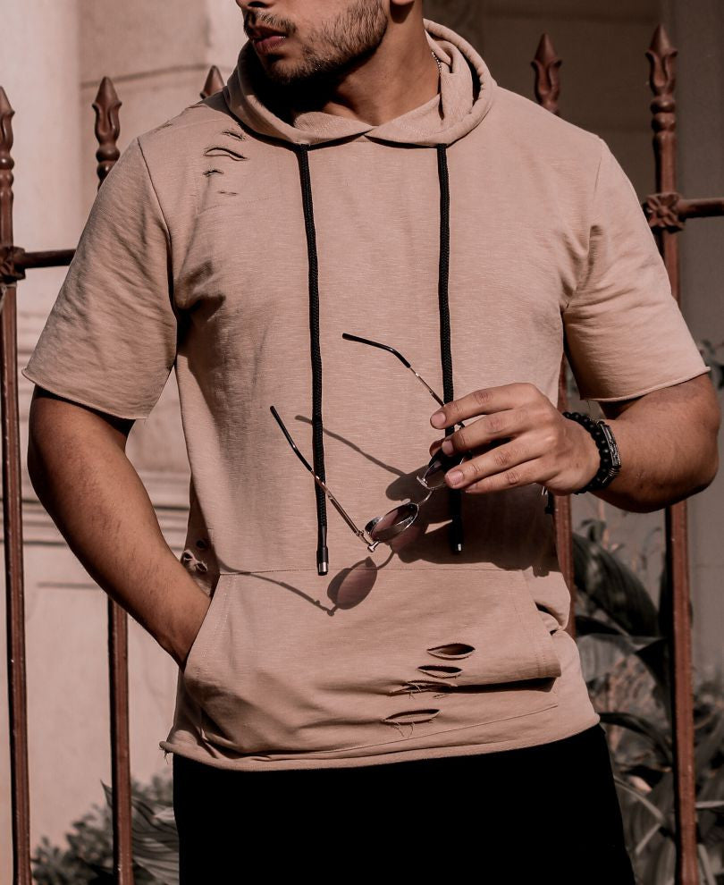Beige Ripped Hood Half Sleeves T Shirt