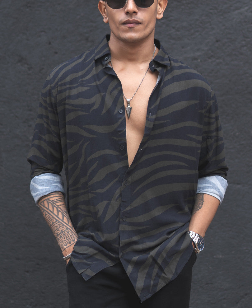 Green and Black Zebra Print Full Sleeves Shirt