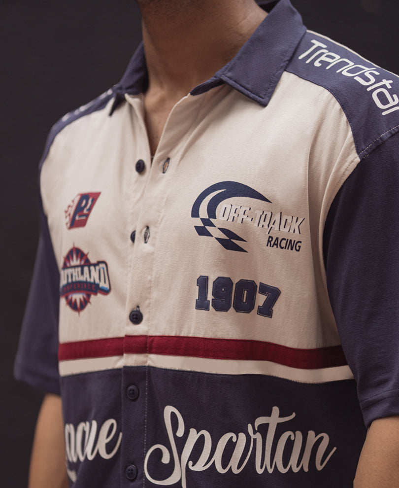 Navy Blue and Off White Printed Oversized Half Sleeves Shirt