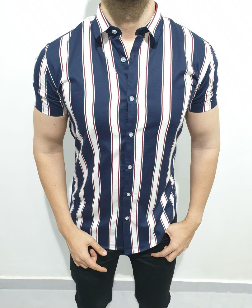 Urban Navy Blue And White Stripes Print Half Sleeves Shirt