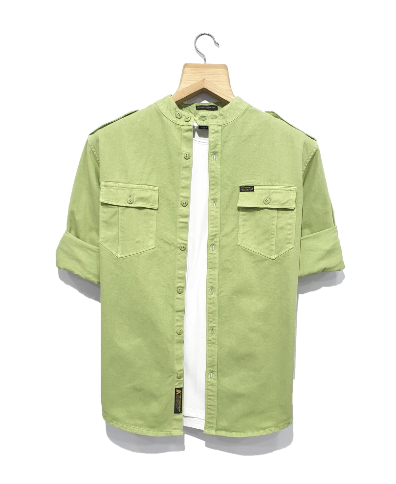 Green Chinese Collar Denim Casual Shirt