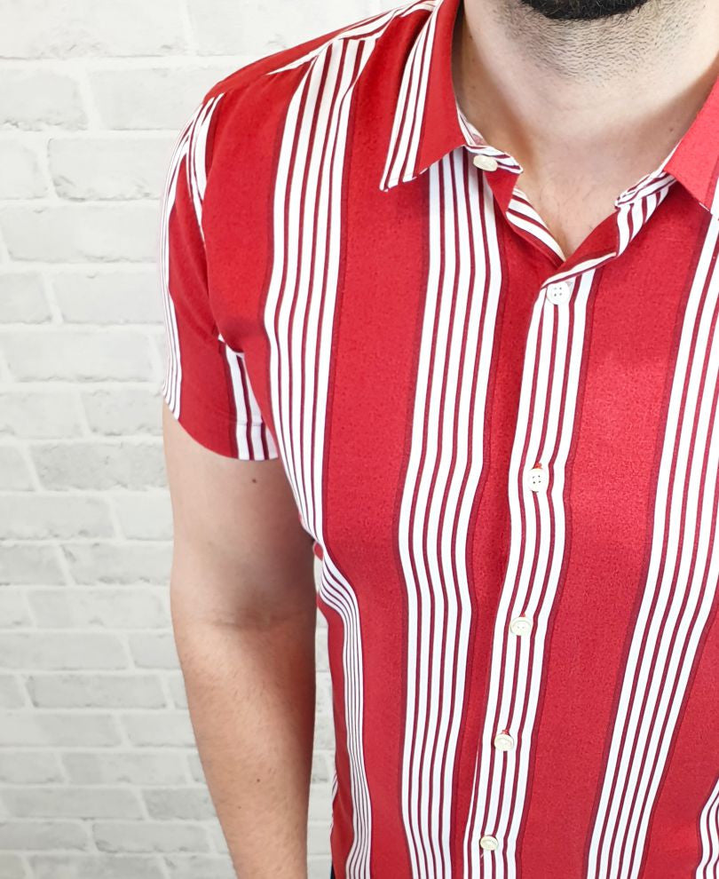 Red And White Triple Stripe Half Sleeves Shirt