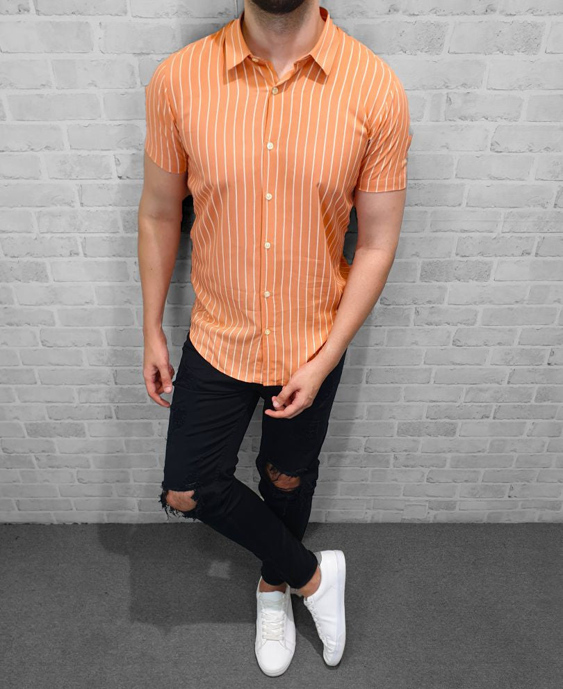 White And Pink Stripe Half Sleeves Shirt