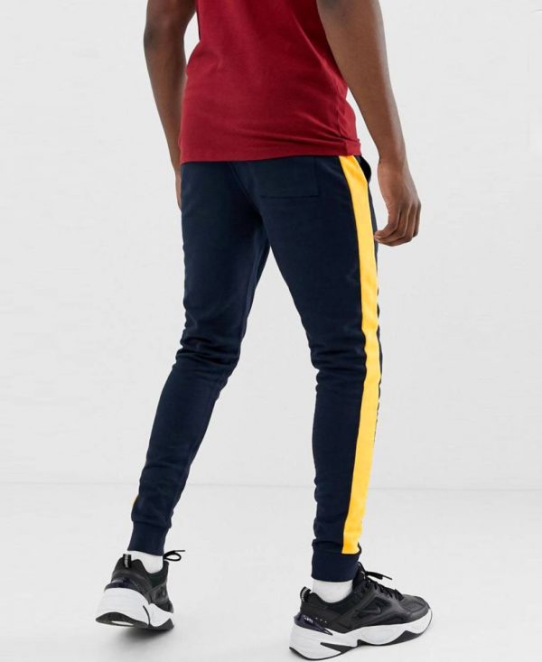 Navy Blue and Yellow Stripes Ribbed Track Pant