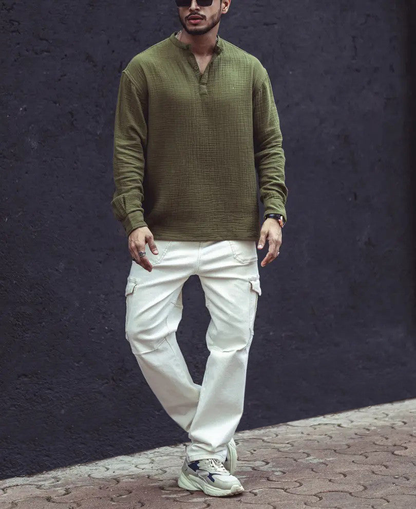 Olive Green Structured Kurta Style Oversize Drop Shoulder Shirt