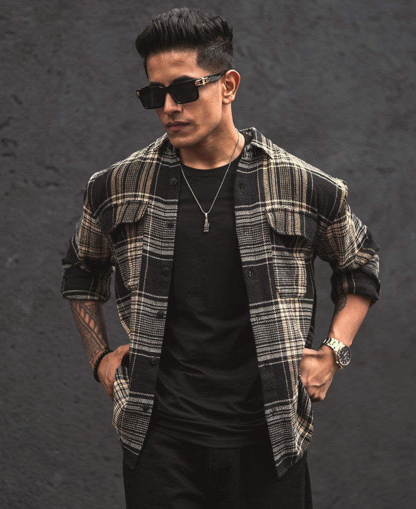 Black Structured Checks Shacket Oversized Shirt