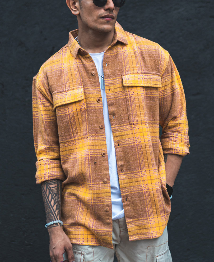Mustard and Brown Checks Shacket Oversized Shirt