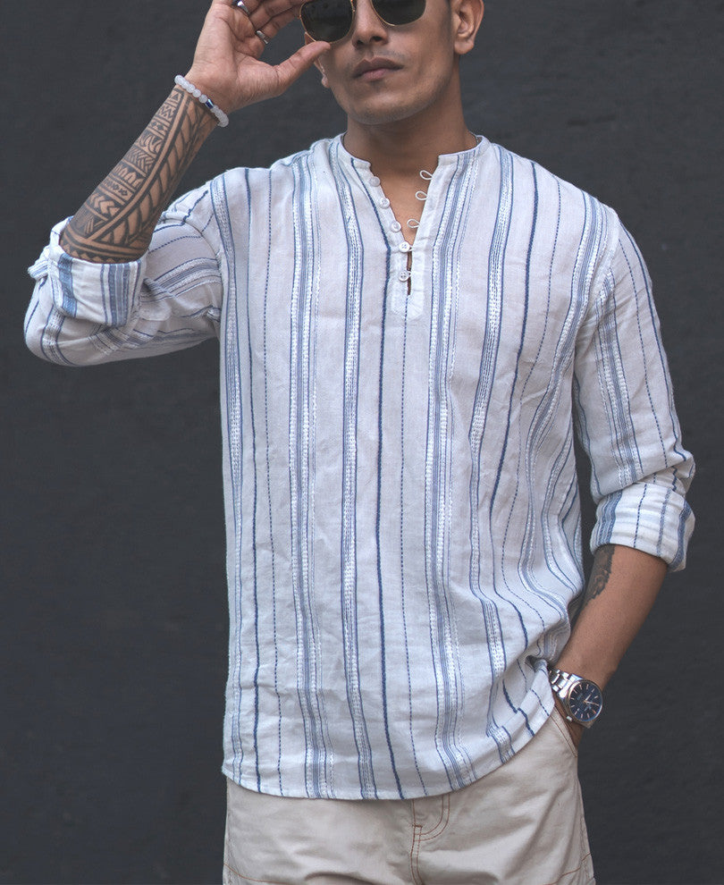 White Vertical Striped Kurta Style Shirt