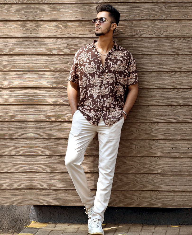 Brown Elephant Print Half Sleeves Shirt