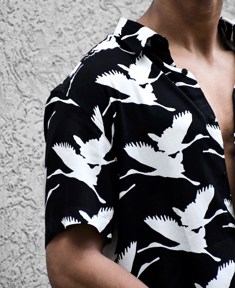 Black Swan Print Half Sleeves Shirt