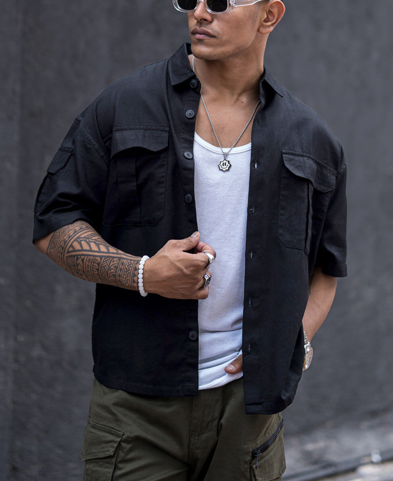 Black Three Pockets Oversize Drop Shoulder Shirt