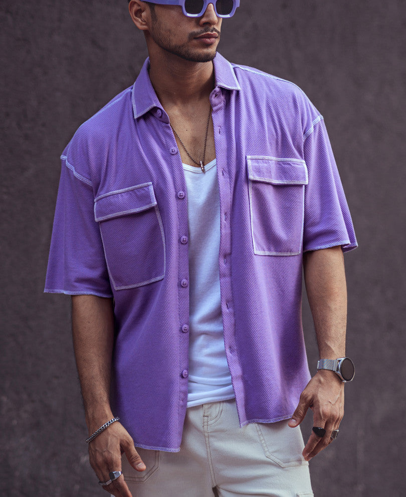 Purple Contrast Stitch Oversize Drop Shoulder Shirt