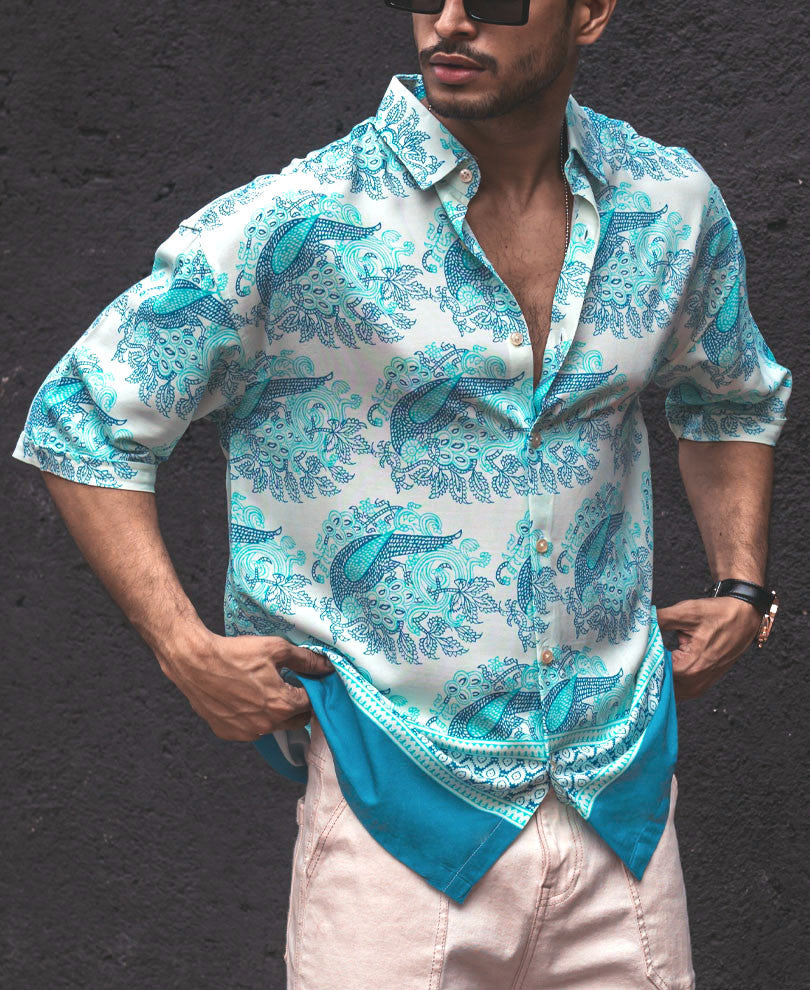 Green and Blue Ethnic Print Oversize Drop Shoulder Shirt
