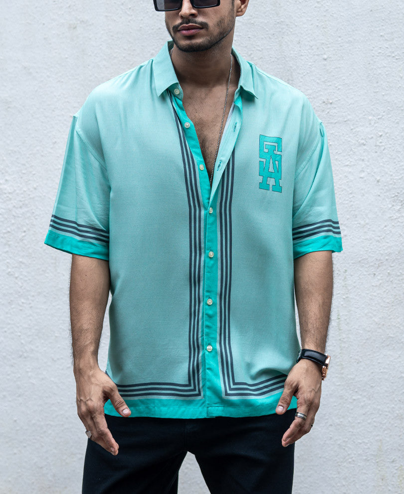 Mint Green Print Oversize Drop Shoulder Shirt