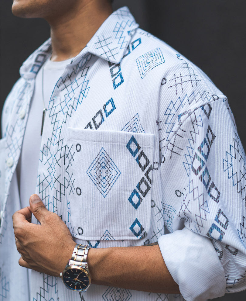 White Ethnic Print Oversized Shirt