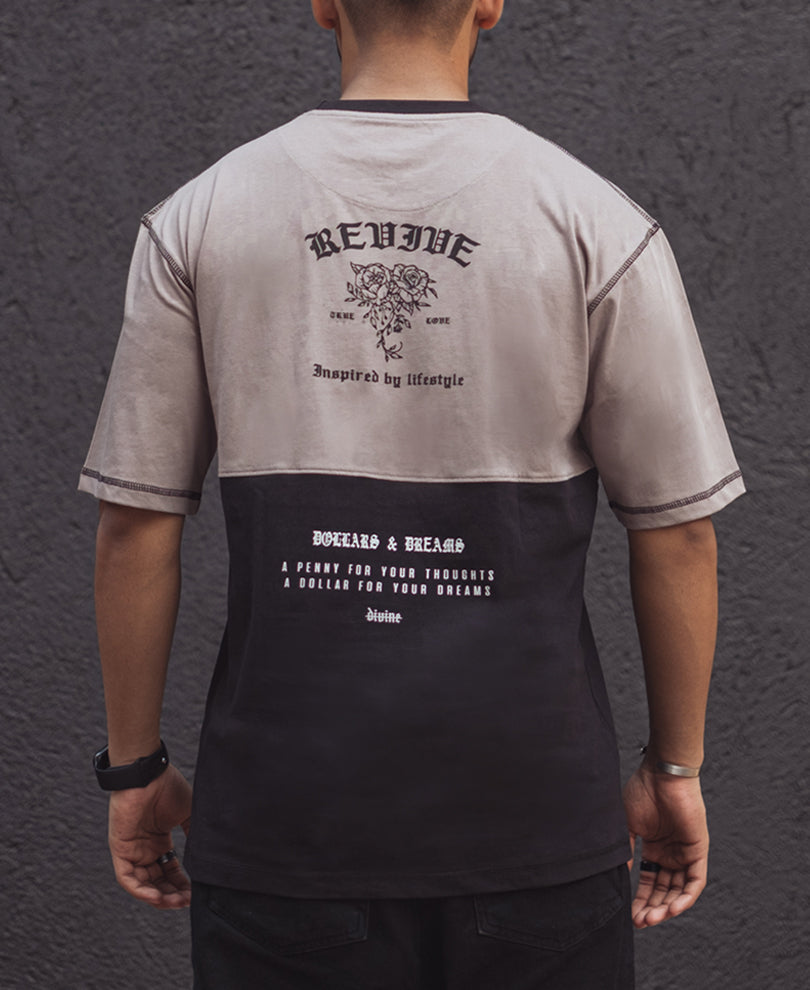 Grey and Black Oversized Printed Half Sleeves T Shirt