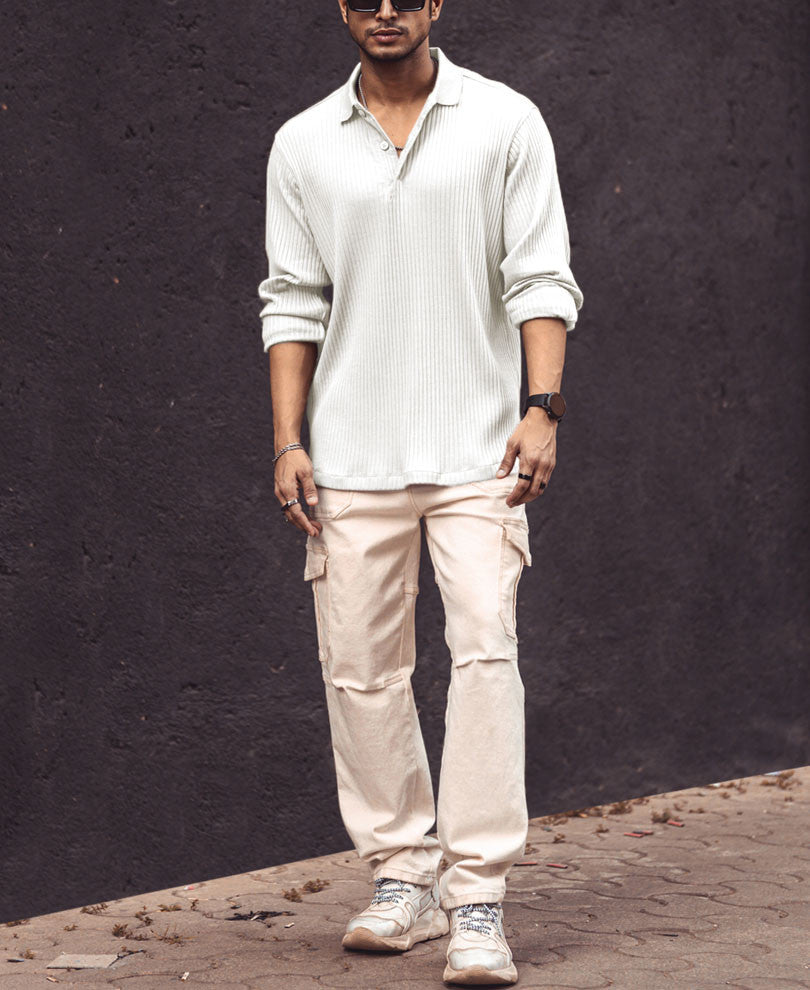White Rib-Knit Full Sleeves T Shirt