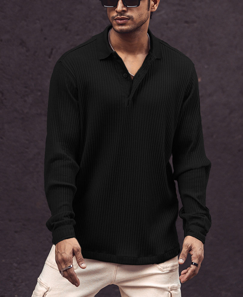 Black Rib Knit Full Sleeves T Shirt