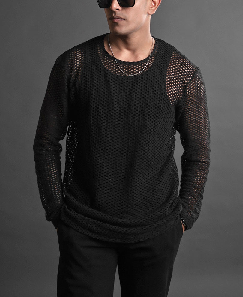 Black Crochet Full Sleeves Oversized T Shirt