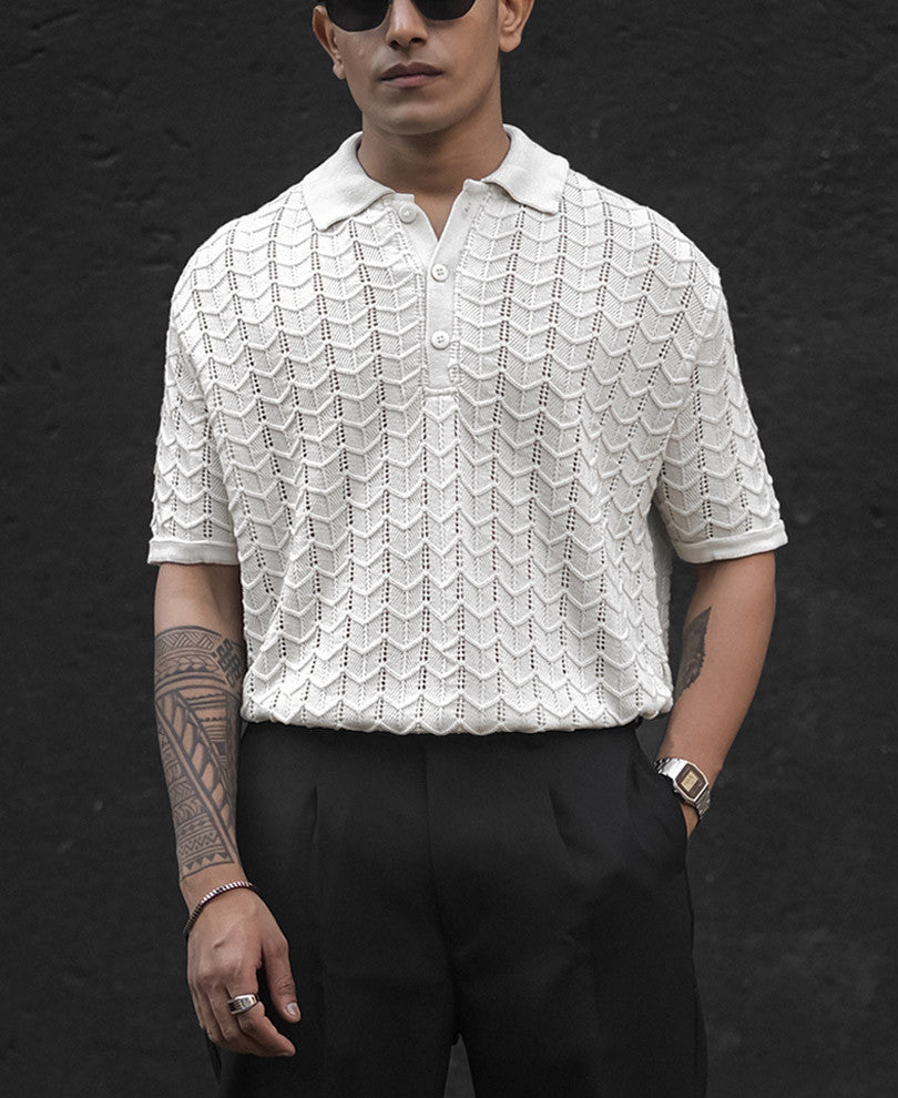 Off White Crochet Half Sleeves T Shirt