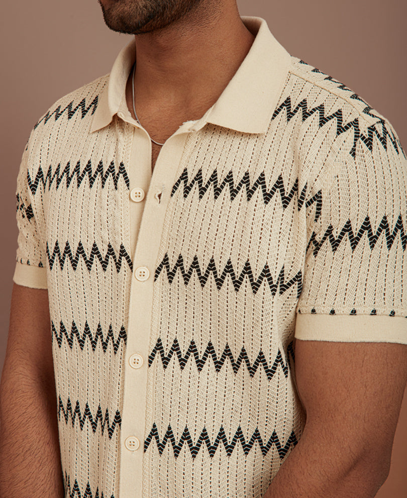 Off White Crochet Zigzag Striped Half Sleeves Shirt