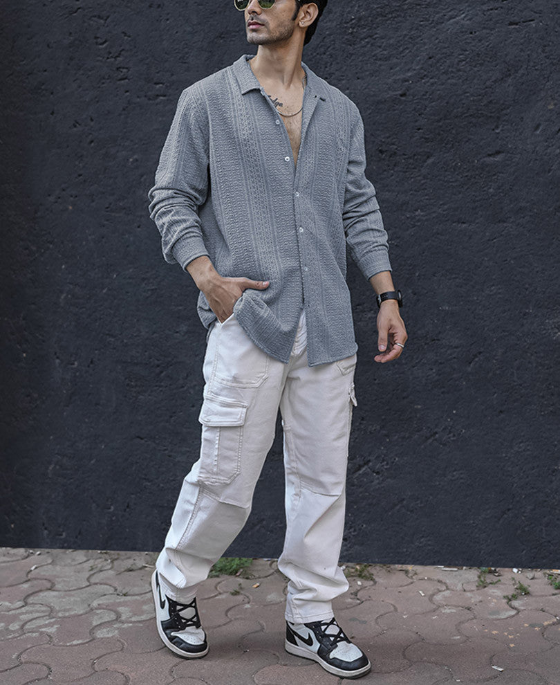 Sky Grey Structured Crochet Full Sleeves Shirt