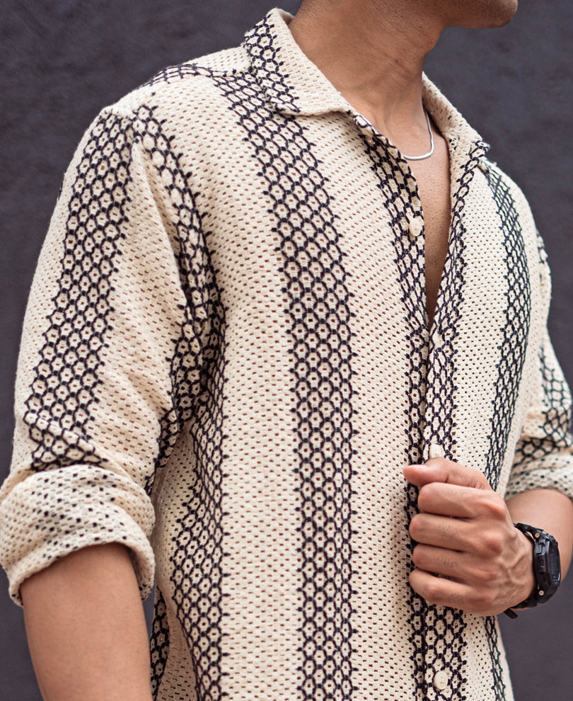 Off White And Black Crochet Regular Fit Full Sleeves Shirt
