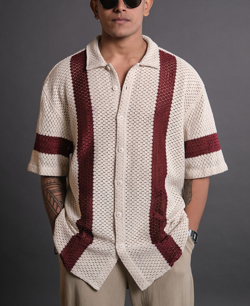 Off White and Maroon Crochet Knit Striped Oversized Shirt