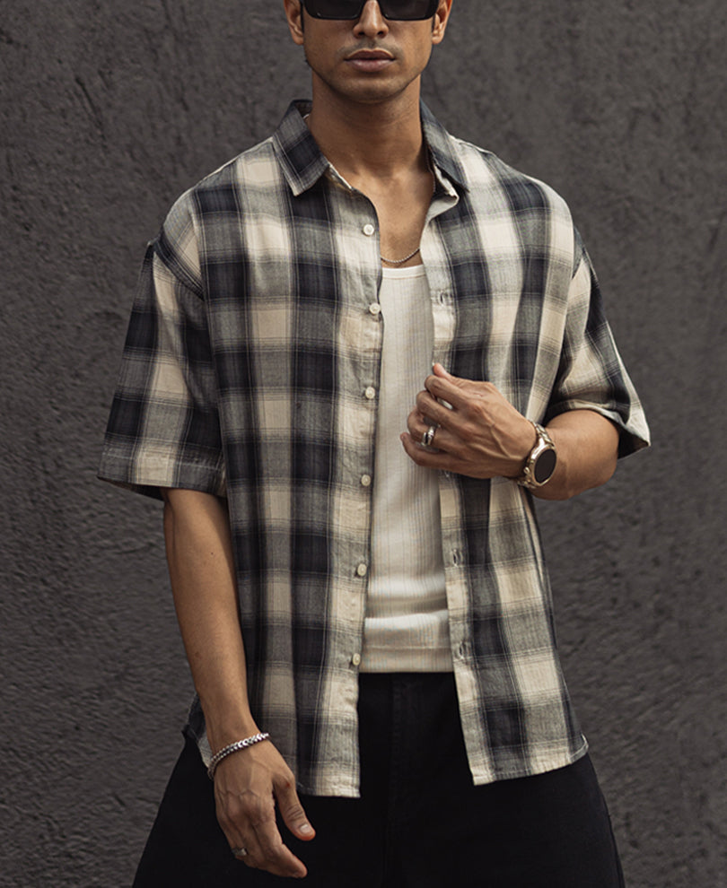 Black and White Checks Back Printed Oversized Half Sleeves Shirt