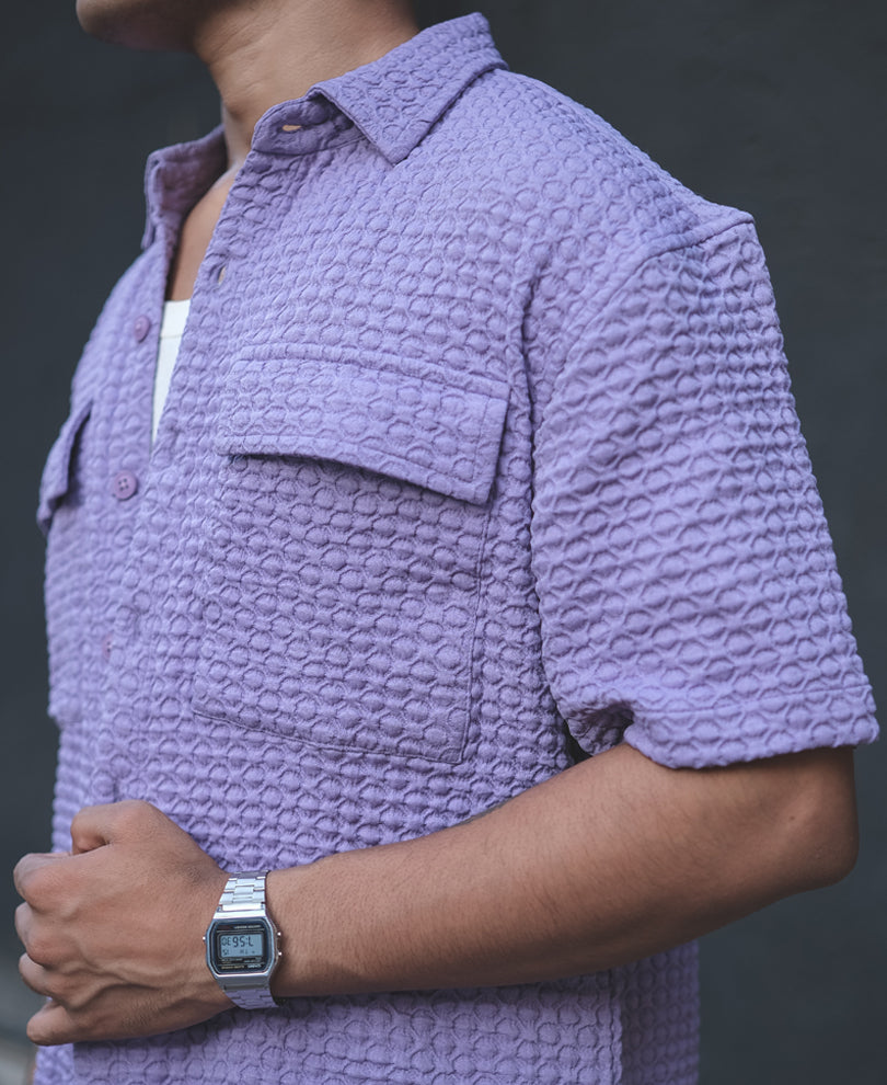 Lavender Structured Oversized  Double Pocket Half Sleeves Shirt