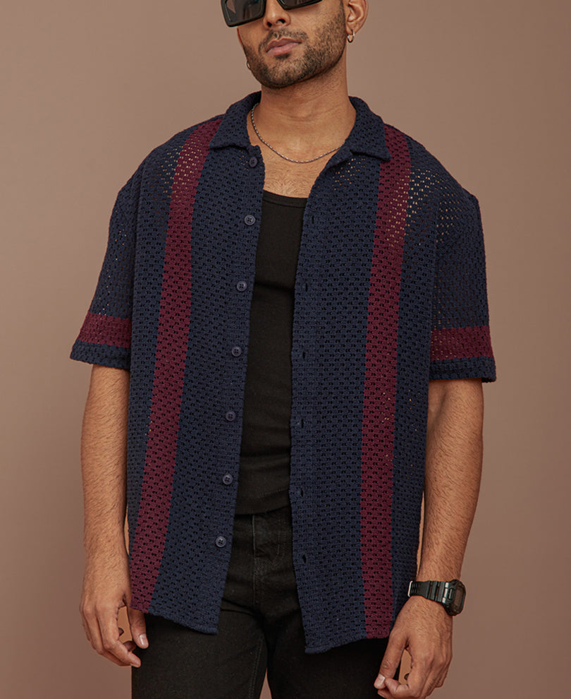 Dark Blue and Maroon Crochet Knit Striped Oversized Shirt