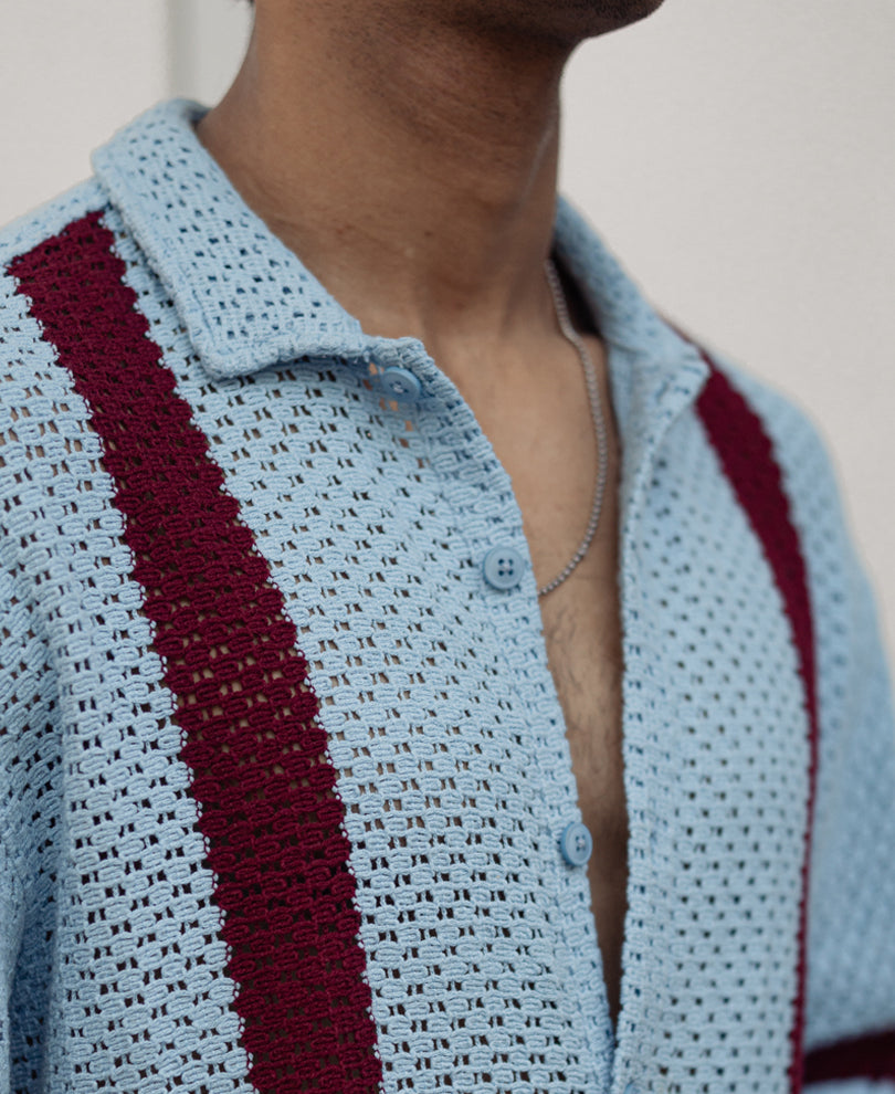 Sky Blue and Maroon Crochet Knit Striped Oversized Shirt