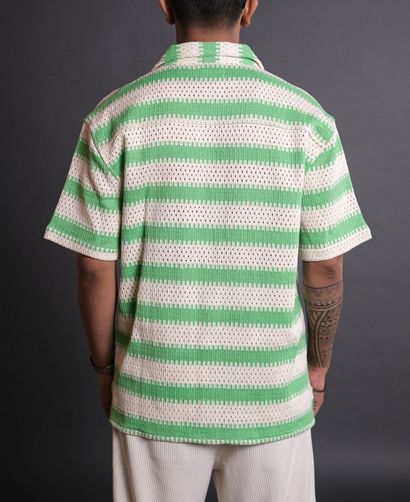 Off White and Green Crochet Knit Striped Oversized Shirt
