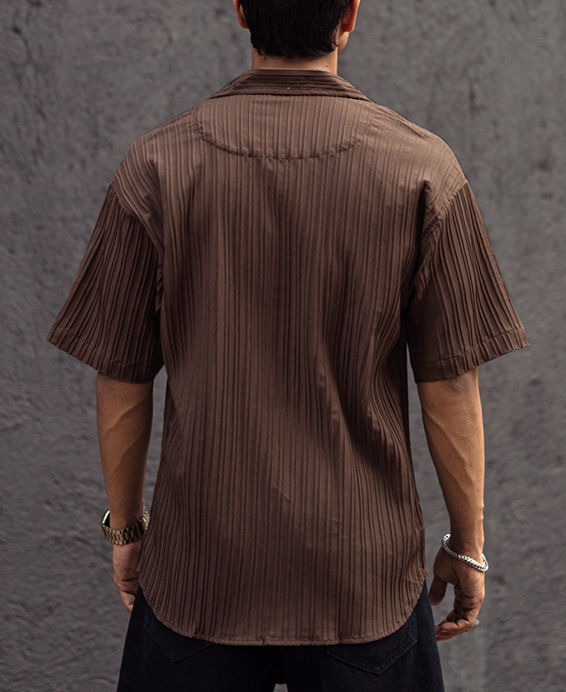 Brown Structured Striped Oversized Half Sleeves Shirt