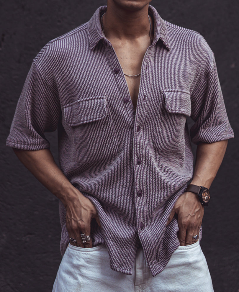 Purple Structured Knitted Shacket Oversized Half Sleeves Shirt