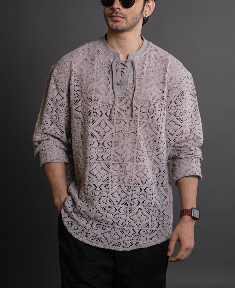 Grey Crochet Knit Oversized Kurta Style Full Sleeves Shirt