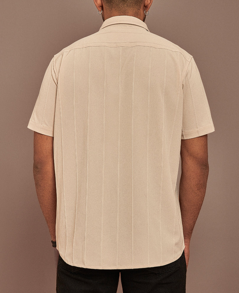Cream Structured Striped Half Sleeves Shirt