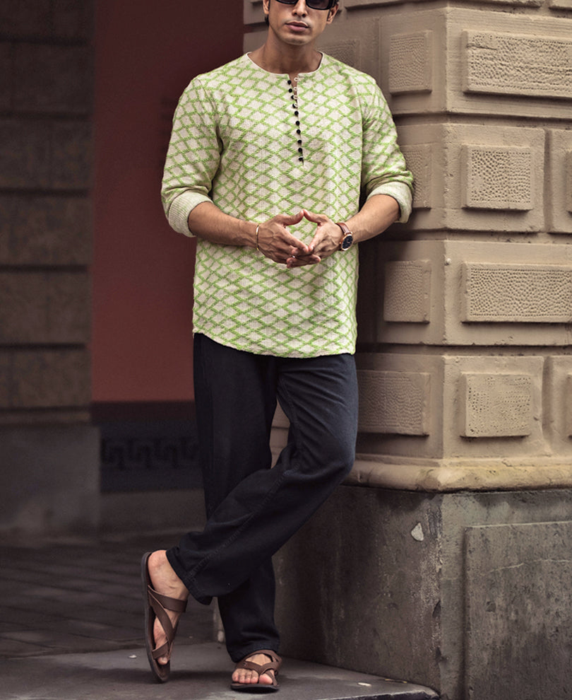 Green and Off White Crochet Kurta Style Shirt
