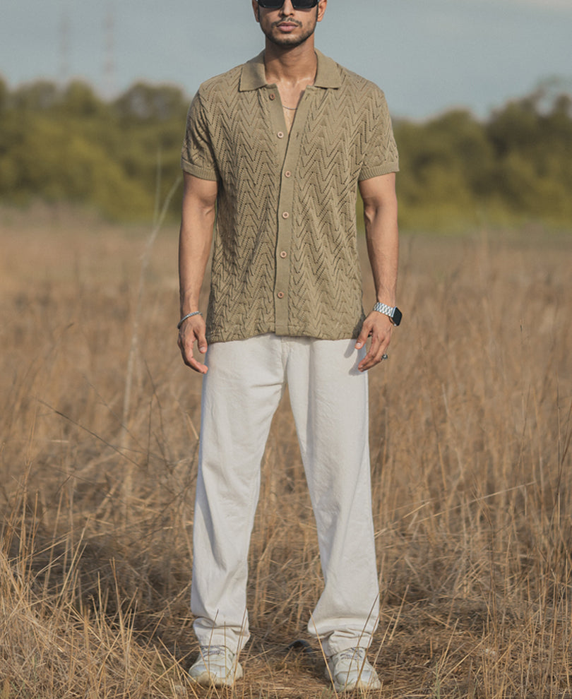 Beige Structured Knitted Half Sleeves Shirt