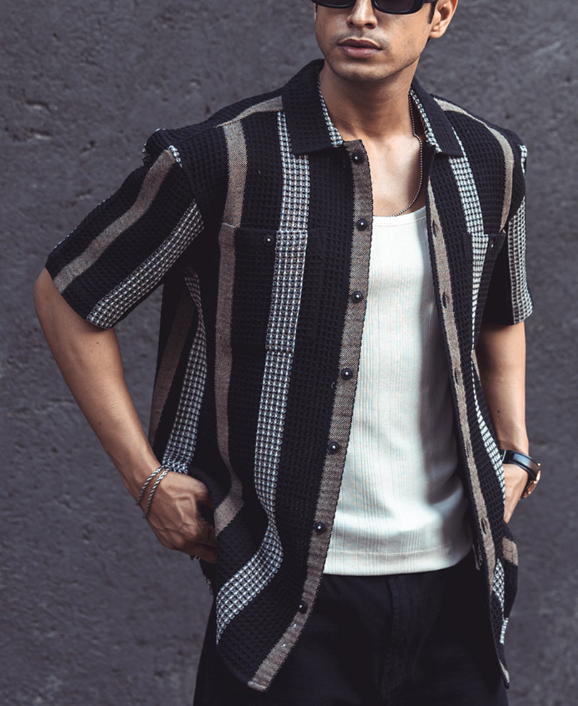 Black Structured Striped Half Sleeves Oversized Shirt