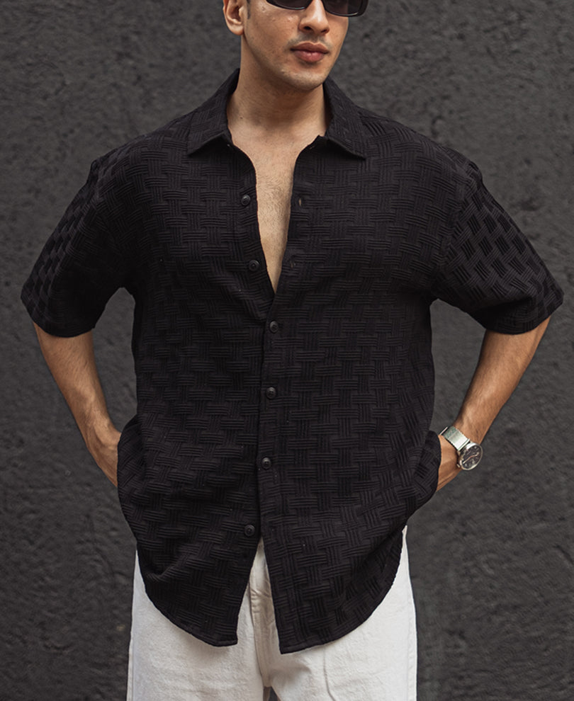Black Structured Half Sleeves Oversized Shirt