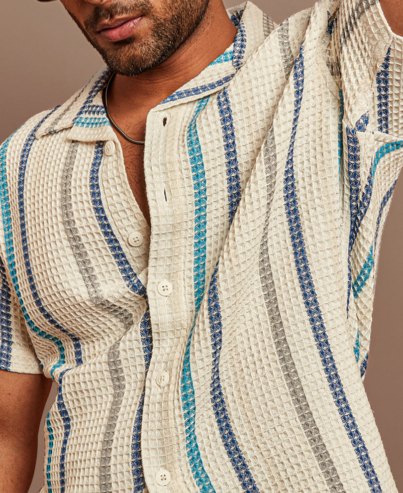 Multicolors Structured Striped Half Sleeves Shirt