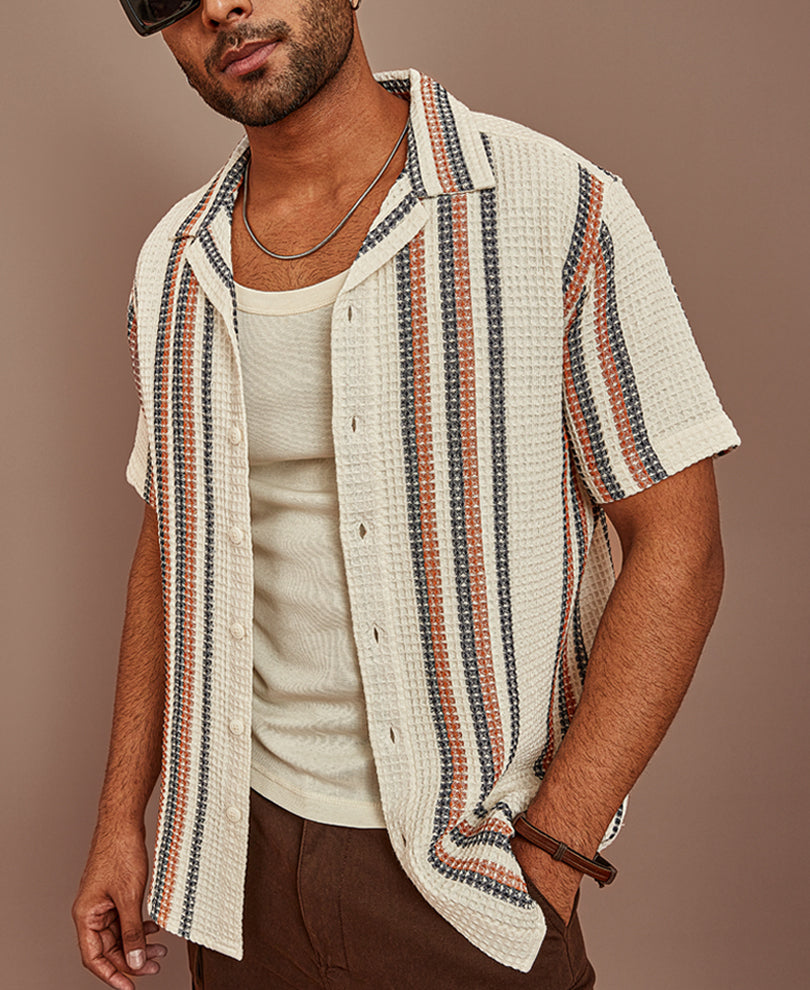 Multicolor Structured Puff Waffle Striped Half Sleeves Shirt