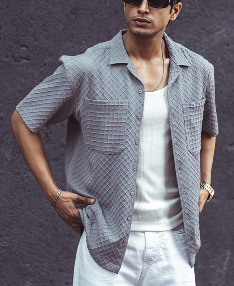 Grey Structured Oversized Double Pocket Half Sleeves Shirt