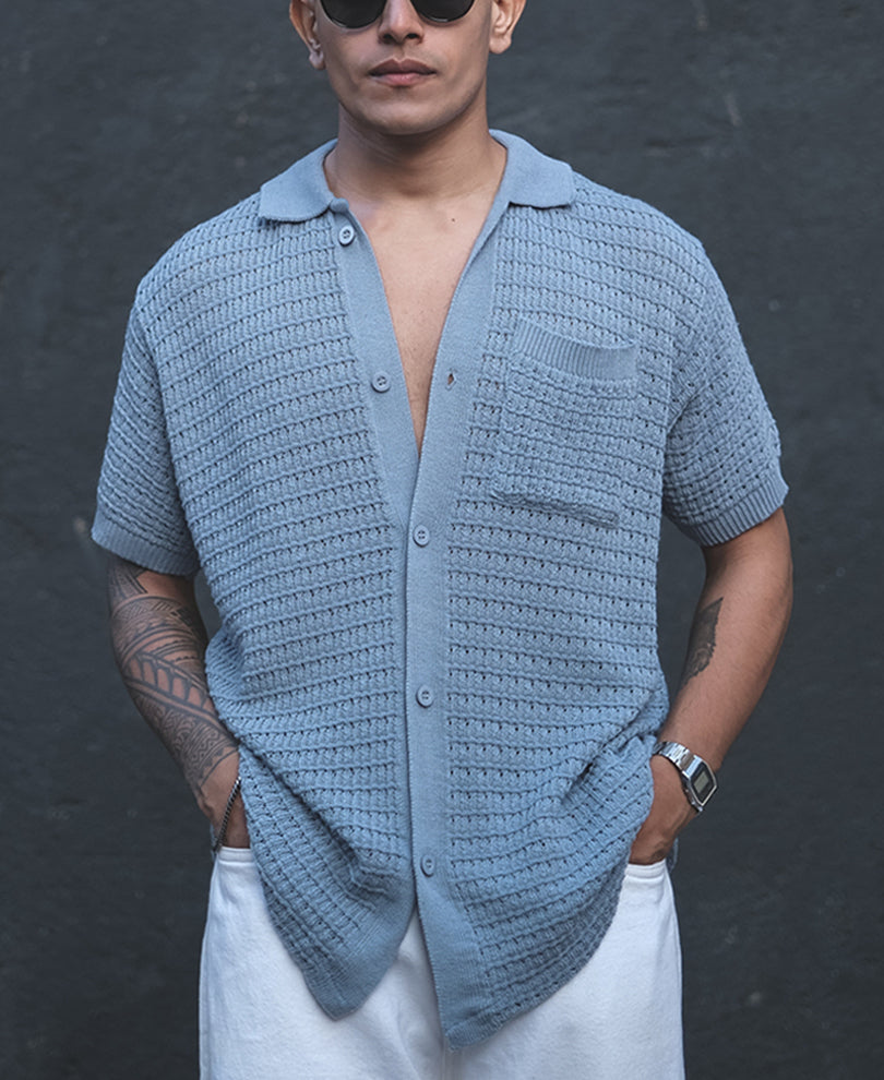 Grey Structured Flat Knit Half Sleeves Shirt