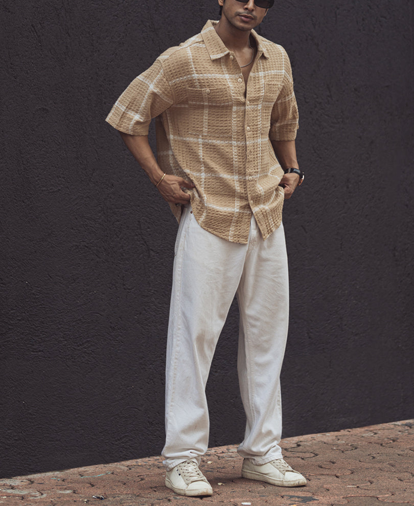 Beige Waffle Structured Checks Half Sleeves Shirt