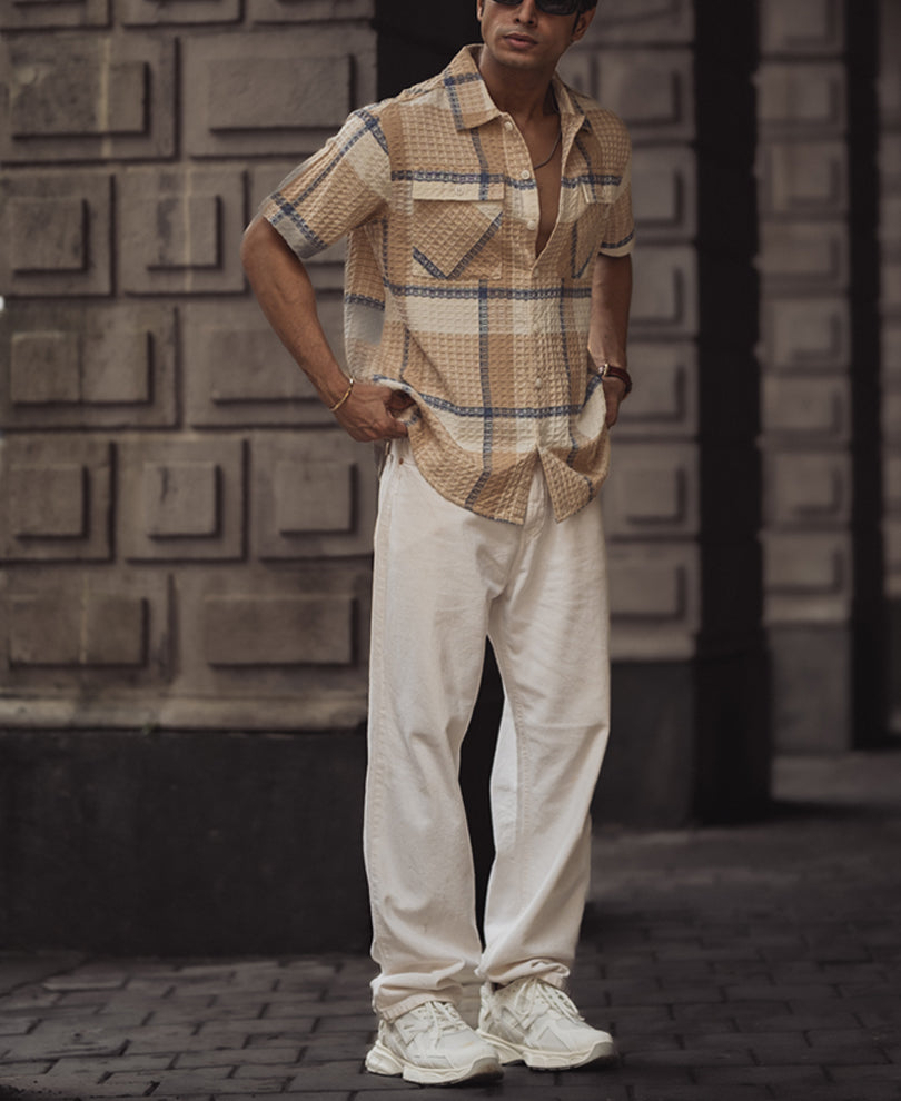 Off White and Beige Structured Checks Half Sleeves Shirt