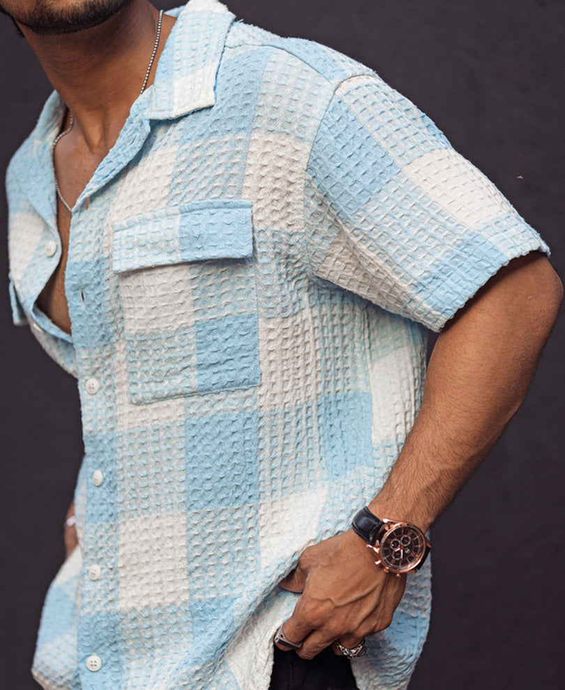 White and Sky Blue Waffle Checks Regular fit Half Sleeves Shirt